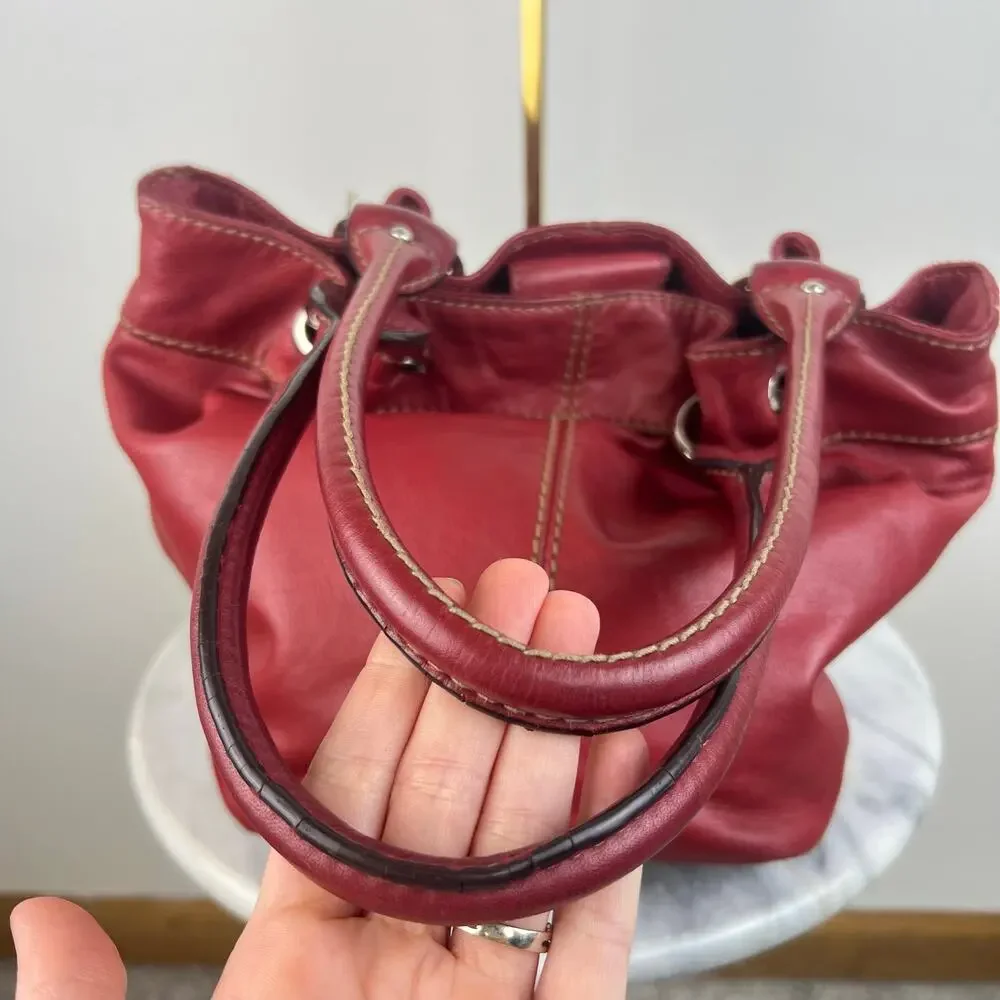 Vintage Tignanello Genuine Red Leather Stitched Silver Accents Shoulder Purse